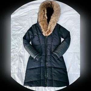 AKA New York Long Black Jacket Coat Faux Fur Hood